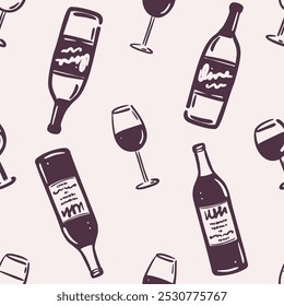 Seamless pattern of hand drawn wine bottle and glasses beige background. Wine tasting. Cozy fall season. Vector design