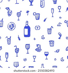 Seamless pattern of hand drawn wine, cocktails and Mediterranean food. Naive art illustration. Blue elements of summer party, picnic, or dinner.