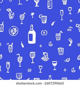 Seamless pattern of hand drawn wine, cocktails and Mediterranean food. Naive art illustration. Blue elements of summer party, picnic, or dinner. Blue background.