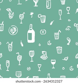 Seamless pattern of hand drawn wine, cocktails and Mediterranean food. Naive art illustration. Blue elements of summer party, picnic, or dinner. Green background.