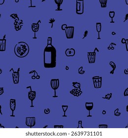 Seamless pattern of hand drawn wine, cocktails and Mediterranean food. Naive art illustration. Blue elements of summer party, picnic, or dinner. Blue background.