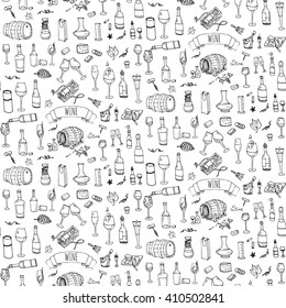 Seamless pattern Hand drawn wine and cheese set icons. Vector illustration Sketchy tasting elements collection Objects Cartoon symbols Vineyard background Winery Grape Glass Bottle package Oak barrel