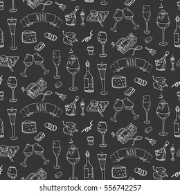 Seamless pattern with Hand drawn wine set icons. Vector illustration. Sketchy wine tasting elements collection. Cartoon winery symbols. Vineyard background. Grape, glass, bottle, barrel, corkscrew.