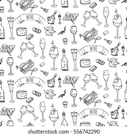 Seamless pattern with Hand drawn wine set icons. Vector illustration. Sketchy wine tasting elements collection. Cartoon winery symbols. Vineyard background. Grape, glass, bottle, barrel, corkscrew.