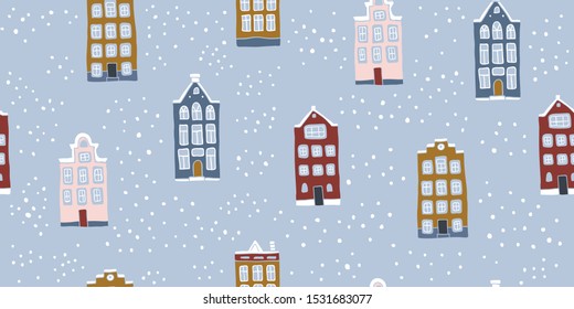 Seamless pattern with hand drawn winter houses in scandinavian style. Perfect for fabric. textile, wallpaper. Scandinavian urban buildings background in pastel colors. Minimalistic Amsterdam pattern