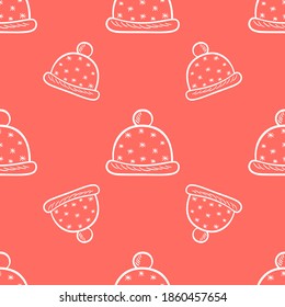 Seamless pattern with the hand drawn winter white hats is on the red background. The save with the Clipping Mask.