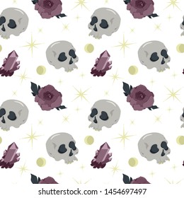 Seamless pattern with hand drawn witchcraft mystery symbols. Skull, crystal, peony.