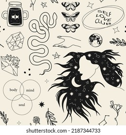 Seamless pattern with hand drawn witchcraft items and mythical elements in boho, aztec style. Modern, trendy colors, minimalism art, vector illustration