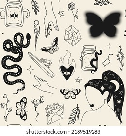 Seamless pattern with hand drawn witchcraft items and mythical elements in boho, aztec style. Modern, trendy colors, minimalism art, vector illustration