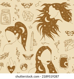 Seamless pattern with hand drawn witchcraft items and mythical elements in boho, aztec style. Modern, trendy colors, minimalism art, vector illustration