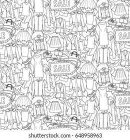 Seamless pattern of hand drawn woman clothes, shoes and bags on abstract wave background. Sale black and white wallpaper for coloring books, posters, textile prints.