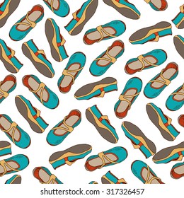 Seamless pattern with hand drawn woman's summer shoes on white background. Colorful shoes, outlined. vector illustration