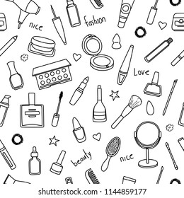 Seamless pattern with hand drawn women accessories. Cosmetics. Black and white doodle illustration.