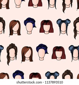 Seamless pattern with hand drawn womens hairstyles. Colored doodle illustration.