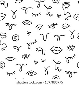 Seamless pattern with hand drawn women's faces on white background. Modern fashionable pattern. Line art pattern. 