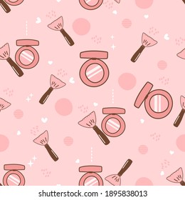 Seamless pattern of hand drawn Women's cosmetic set with brush make up and cheek brush icon cartoon style on pink background vector illustration.