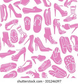 Seamless pattern of hand drawn women's shoes in pink color on white background. Stylish colorful texture for your design 