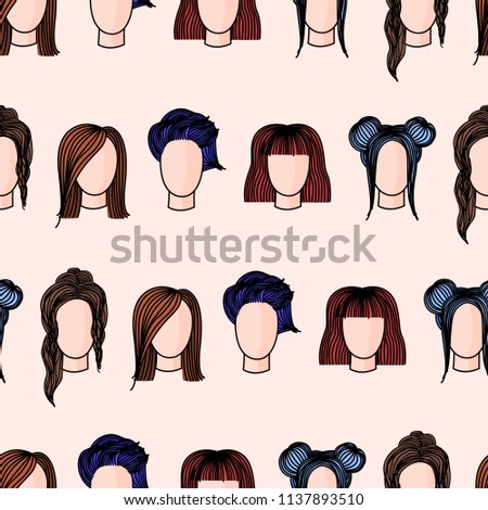 Seamless pattern with hand drawn womens hairstyles. Colored doodle illustration.