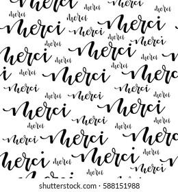 Seamless pattern of hand drawn word. Set of word "merci". French words. Ink illustration.