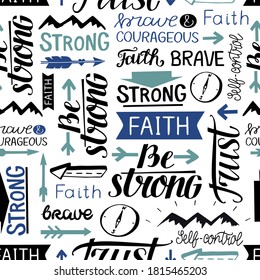 Seamless pattern with hand drawn words Faith, Strong, Brave, Trust. Biblical background. Christian design. Scripture print. 