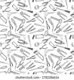 Seamless pattern with hand drawn work tools. Hand tools collection. Handmade cartoon of various sketch elements: hammer, saw, drill screwdriver. On a white background. Vector illustration