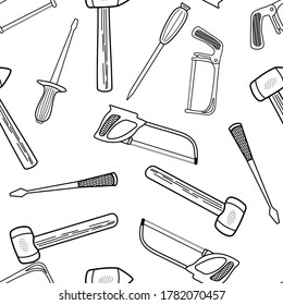 Seamless pattern with hand drawn working tools. Collection of hand tools. Handmade cartoon made of various sketch elements: hammer, saw, screwdriver. On a white background. Vector illustration