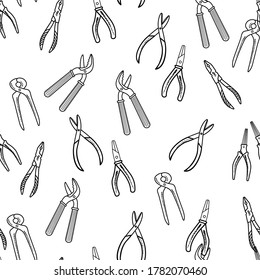 Seamless pattern with hand drawn working tools. Collection of hand tools. Handmade cartoon from various sketch elements: pliers, wire cutters, clamp. On a white background. Vector illustration