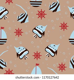 Seamless pattern with hand drawn yacht, fishes, helm and bubble on background as fabric, textile, clothes. Vector illustration