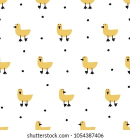 Seamless pattern with hand drawn yellow duck in scandinavian style. Creative vector childish background for fabric, textile, nursery wallpaper. Vector Illustration.