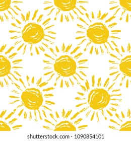 Seamless pattern with hand drawn yellow doodle suns on white background. Vector illustration for textile, print and web design