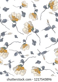 Seamless pattern, hand drawn yellow pale Eustoma.