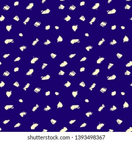 Seamless pattern with hand drawn yellow dots on dark bue background. Polka texture. Vector illustration.