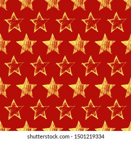 Seamless Pattern with hand drawn yellow Stars on red background. Abstract grunge texture. Vector illustration