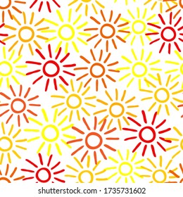 Seamless pattern with hand drawn yellow and red doodle suns on white background. Vector illustration for textile and fabric, cover, print on clothes.