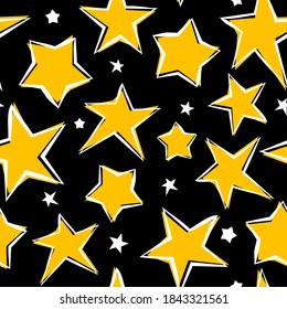 Seamless pattern with hand drawn yellow stars on black background. Star pattern. Vector illustration. Cute magical background.