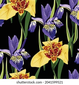 Seamless pattern with hand drawn yellow tigridia and irys flowers on black background.