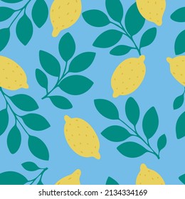 Seamless pattern of hand drawn yellow lemons and leaves on bright blue background. Perfect for textile wallpaper printing. Hand drawn vector illustration.