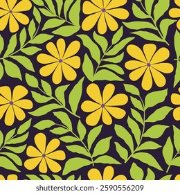 Seamless pattern with hand drawn yellow flowers and leaves on dark blue background. Modern botanical print for fabric, cover, card, flyer. Vector illustration