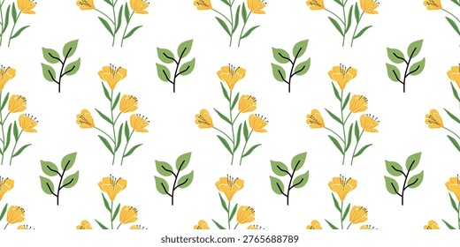 Seamless pattern with hand drawn yellow blossoms flowers and green leaves on white background. Simple spring floral seamless pattern for textile, wallpaper, and wrapping paper