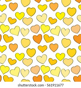 Seamless pattern with hand drawn yellow and orange hearts on white background