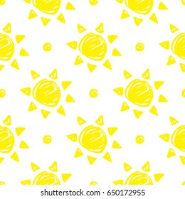 Seamless pattern with hand drawn yellow sun and dots on a white background. Vector design element for background, fabric, wallpaper, wrapping