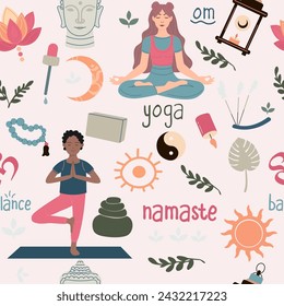 Seamless pattern hand drawn yoga elements