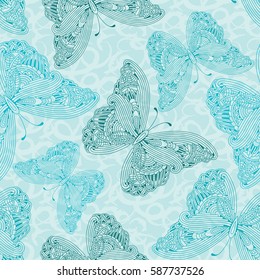 Seamless pattern with hand drawn zen art butterflies 
