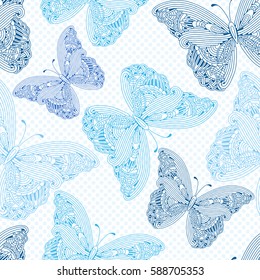 Seamless pattern with hand drawn zen art butterflies on a polka dot background.