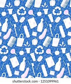 Seamless pattern with hand drawn Zero Waste objects and swirls on blue background. Vector doodle texture for wallpaper, textile, background and your design