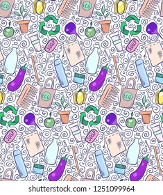 Seamless pattern with hand drawn Zero Waste objects and swirls on white background. Vector doodle texture for wallpaper, textile, background and your design