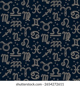 Seamless pattern with hand drawn zodiac signs and stars on dark background, elegant mystical style for astrology design. Concept of horoscope, mystery, esoteric and cosmic energy