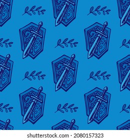 seamless pattern of  hand drawned shield and sword on blue background