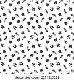 Seamless pattern hand draws cat paws footprint, bell, and fishbone design background for wallpaper, wrapping, paper, and fabric. Vector illustration.