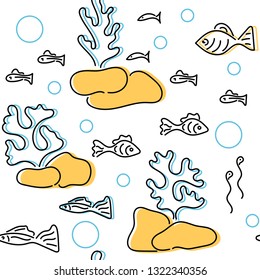 Seamless pattern. Hand drawv Marine life, small fish, aquatic plants. Fabric, Wallpaper, wrapping paper. Vector background
